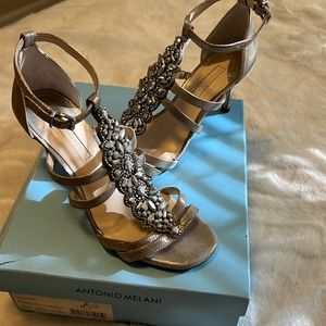 Antonio Melanie Gold Leather & Rhinestone Dress Heels